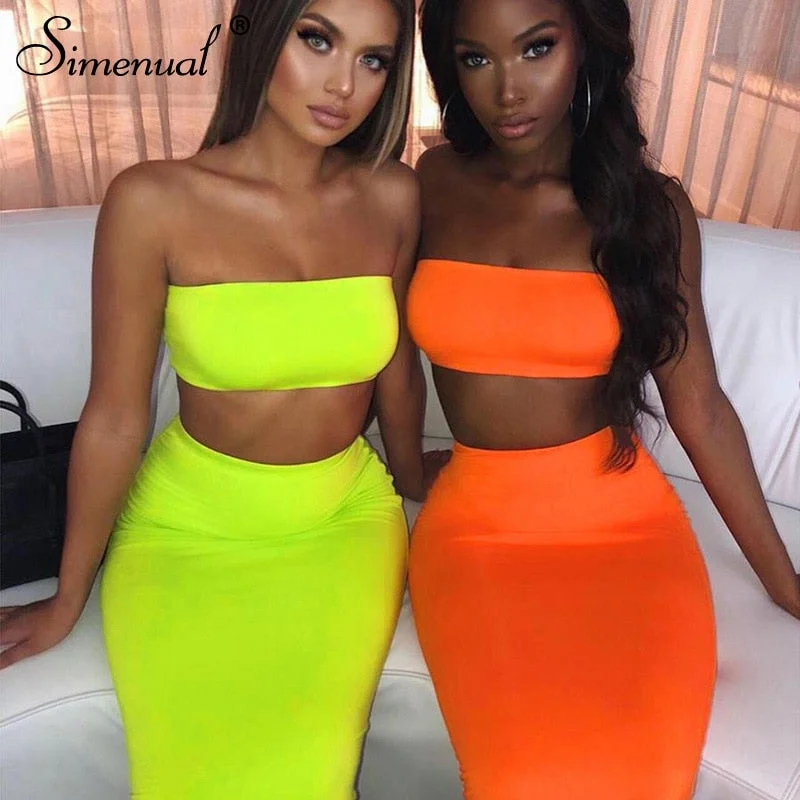 Simenual Sexy Party Matching Set Women Fashion Sleeveless 2 Piece Outfits Neon Color Strapless Top And Skirt Sets 2019 Summer button skirt front