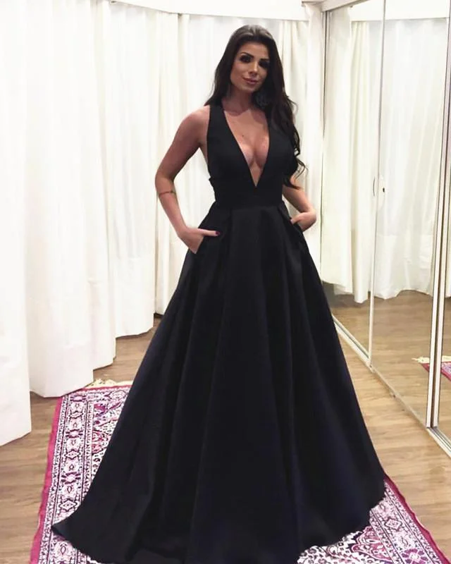 Sexy Plunge V-neck Long Satin Prom Dresses 2018 Backless Evening Gowns Tunics Practical easy-care