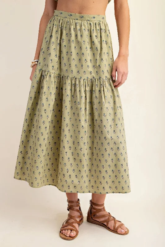 Printed tired midi skirt linen skirt light