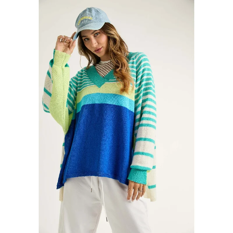 J.NNA Striped V-Neck Sweater High Neck Crew Neck V-Neck