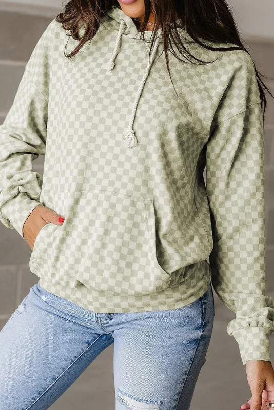 Khaki Checkered Print Kangaroo Pocket Drawstring Hoodie Hoodie with Hem Elastic Stretchable Comfortable