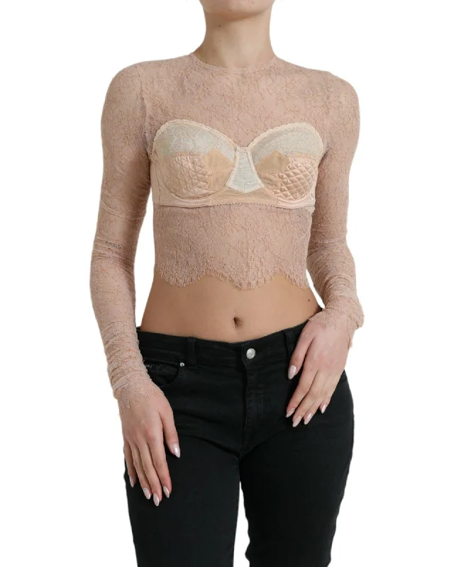 Dolce & Gabbana  Lace Crop Top - Nude Rayon Fabric Velvet Fabric Corduroy Fabric