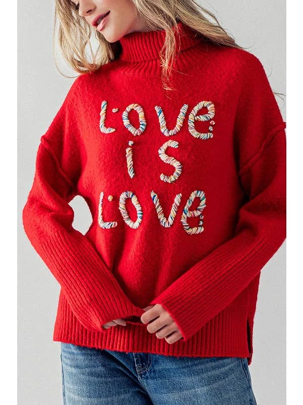 Urban Daizy Love is Love Embroidered Turtleneck Sweater Zippered Buttoned Snapped