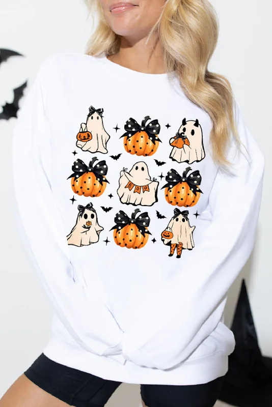 Beige Halloween Ghost Pumpkin Print Crew Neck Sweatshirt Hoodie with Raw Hem Edgy Unfinished