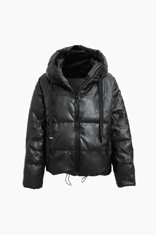Faux Leather Hooded Puffer Jacket Welt Pockets Slit Pockets Flap Pockets