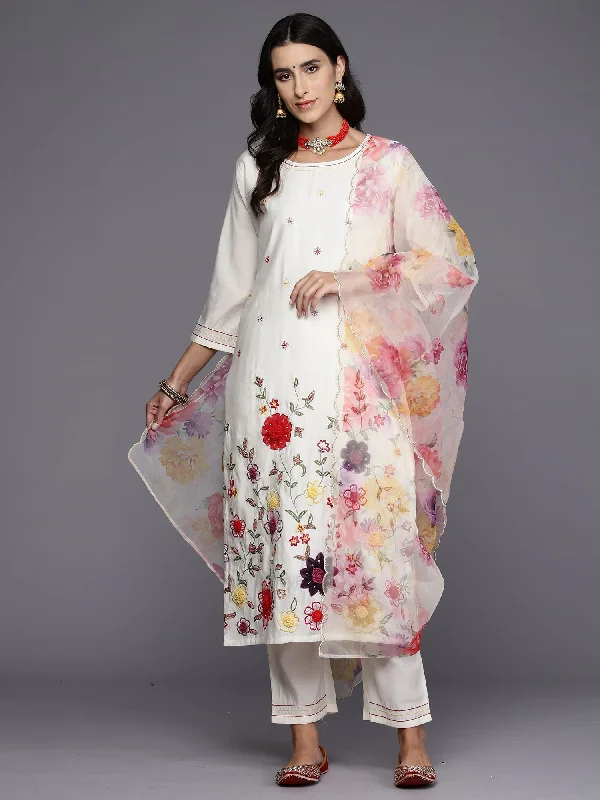 Women's Off White Embroidered Straight Kurta Trousers With Dupatta Set - Indo Era Trousers Cargo Utility Women's Off White Embroidered Straight Kurta Trousers With Dupatta Set - Indo Era Trousers Cargo Utility