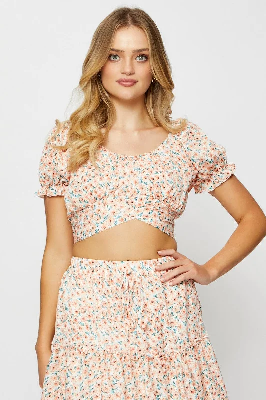 Print Crop Top Short Sleeve Off Shoulder Mesh Blend Leather Blend Suede Blend