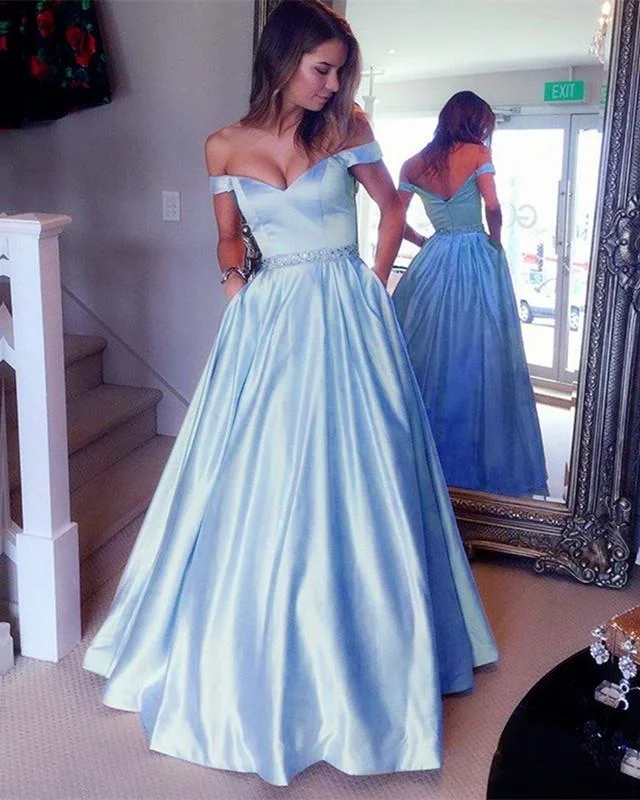 Sexy Off Shoulder Beaded Sashes Satin Prom Dresses Ball Gowns Tunics Luxurious high-end
