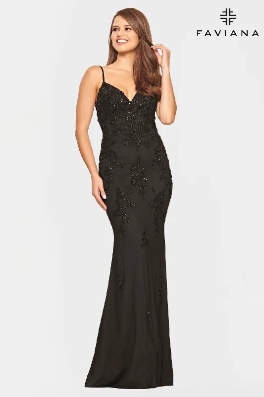 Black Beaded Lace Long V Neck Dress With Open Back | S10633 Tunics Yoga stretchy