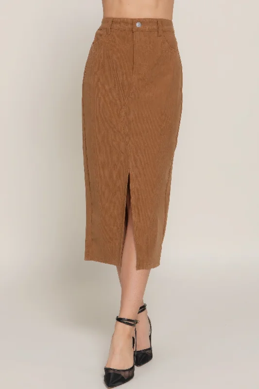 Front Open Slit Corduroy Midi Skirt chiffon skirt floaty