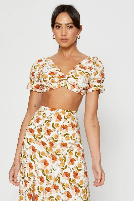 Print Crop Top Tie Up Zippered Front Buttoned Front Snap Front