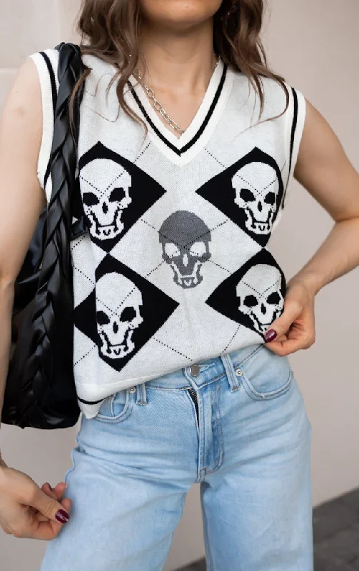 Skull Contrast V-Neck Sweater Vest Stylish Fashionable Trendy