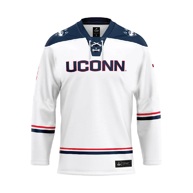 UConn - NCAA Women's Ice Hockey : Megan Warrener - White Hockey Jersey Gold Jersey Tee UConn - NCAA Women's Ice Hockey : Megan Warrener - White Hockey Jersey Gold Jersey Tee
