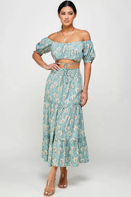 Floral Off Shoulder Sleeve Back Tie Top Skirt Set cashmere skirt soft