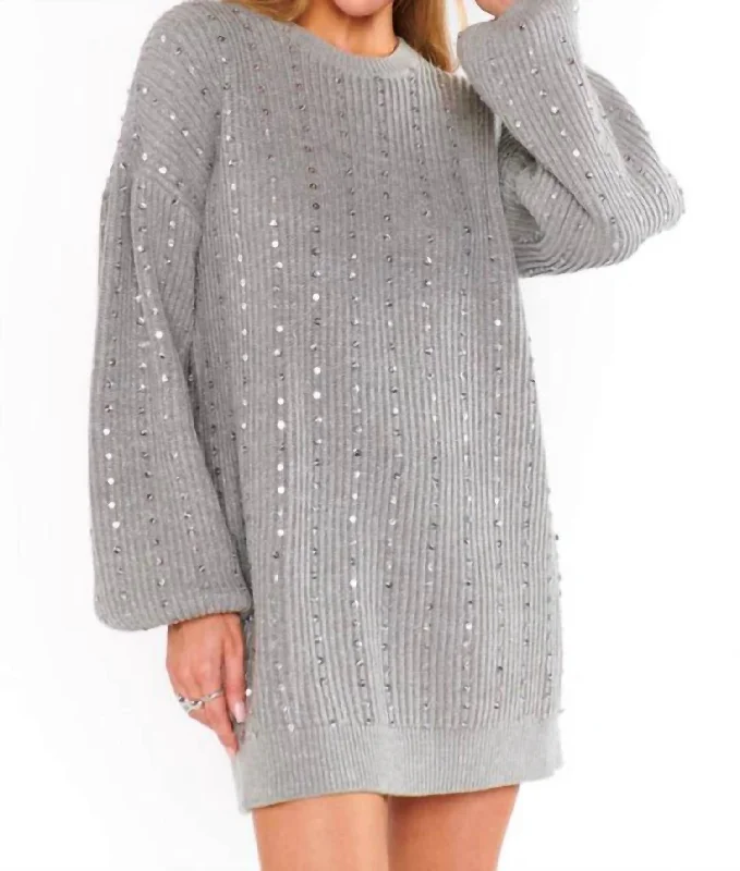 Social Sweater Dress In Silver Sequins Knit Solid Color Striped Floral Print