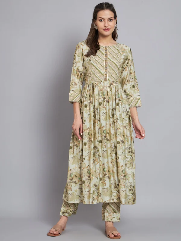 Women's Printed Front Pleated Kurta With Trouser - Mesmora Fashion Trousers Custom Made