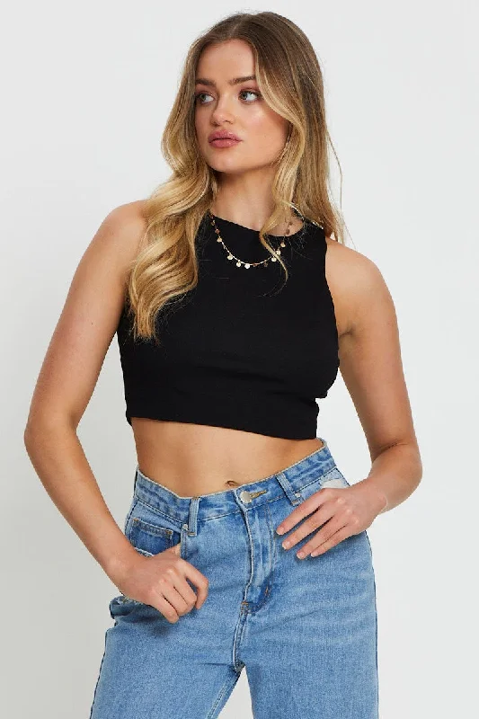 Black Crop Top Long Sleeve Solid Print Embellished