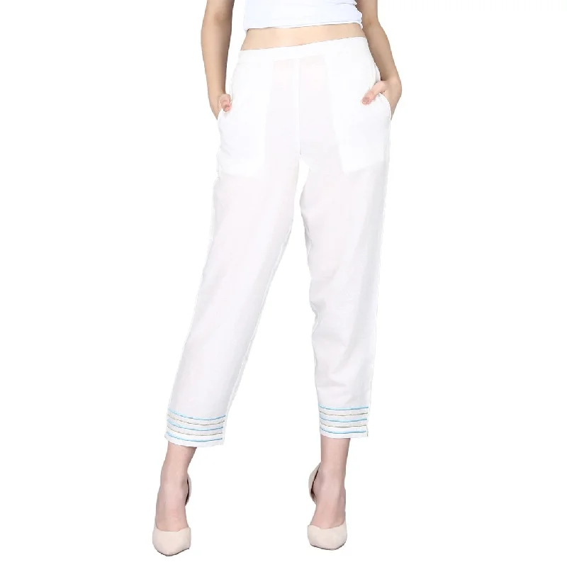 Women's Pure Cotton Embroidery Regular Fit Trouser Pants - Maaesa Trousers Summer Linen