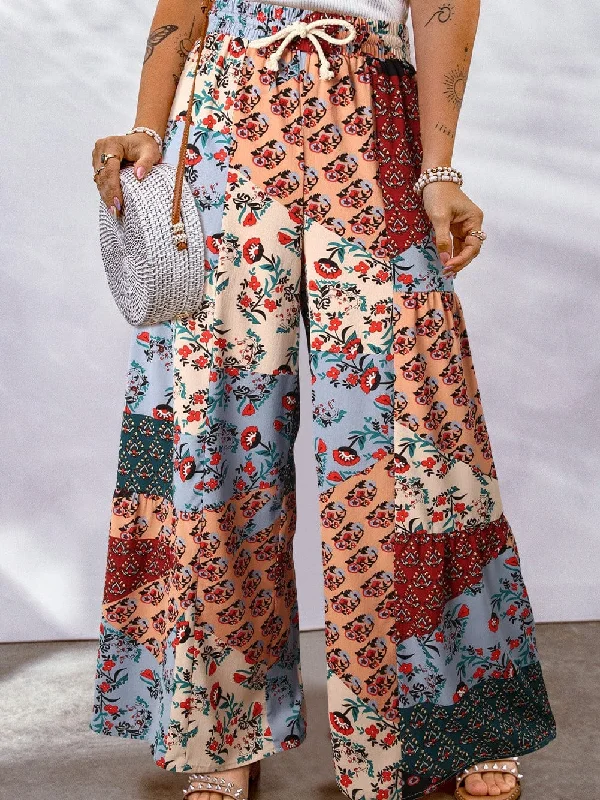 Boho Patchwork Print Drawstring Palazzo Trousers in Multicolor Bouquet Trousers Print Floral