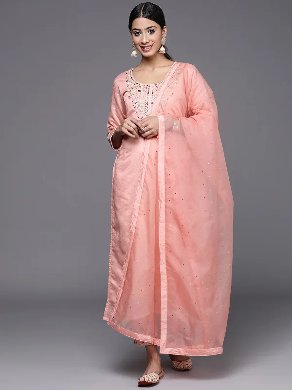 Women's Pink Embroidered Straight Kurta Trousers With Dupatta Set - Indo Era Trousers Solid Black Women's Pink Embroidered Straight Kurta Trousers With Dupatta Set - Indo Era Trousers Solid Black