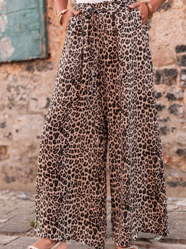 Bohemian Desert Palm Leopard Wide Leg Trousers Trousers Harem Relaxed Fit