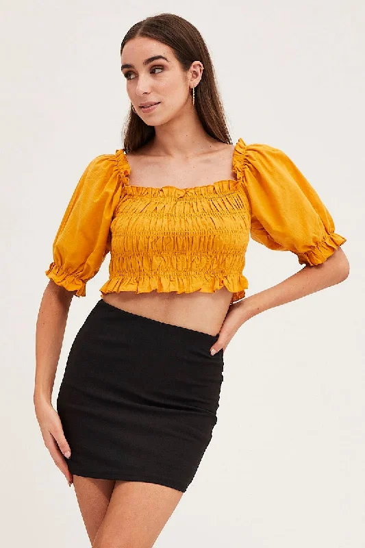 Orange Crop Top Short Sleeve Shirred Graphic Embroidered Appliqued