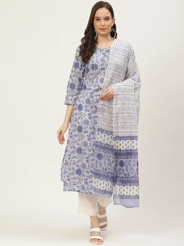 Women's Purple Printed & Embroided Kurta with Trousers & Dupatta (3pc) - Maaesa Trousers Occasion Special