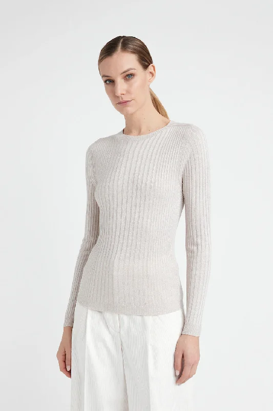Ribbed high neck sweater in viscose yarn and Lurex Neon Metallic Matte