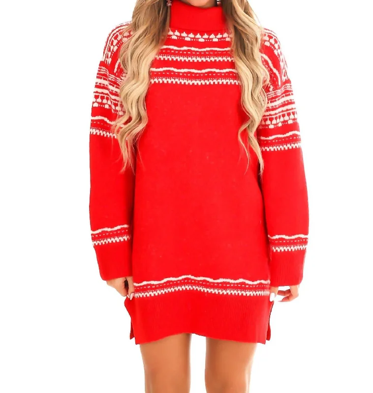 Fair Isle Turtleneck Sweater Dress In Red Embroidered Appliqued Beaded