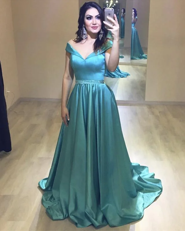 Long Satin Beaded Sashes V-neck Off Shoulder Ball Gown Prom Dresses Shift Classic Vintage