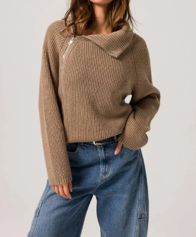 Bassett Zipper Sweater In Walnut Open Front Closed Front Wrap Front