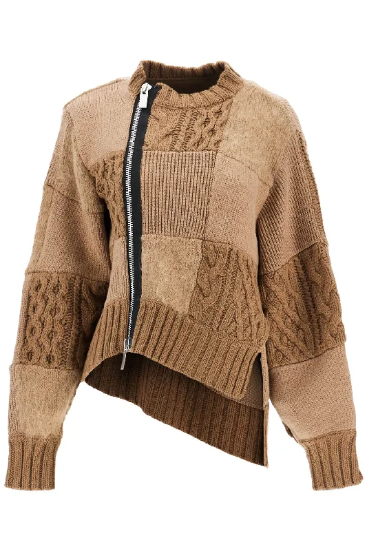 Patchwork Zip-up Jersey Shirt  - Brown Scoop Neck Jersey Top