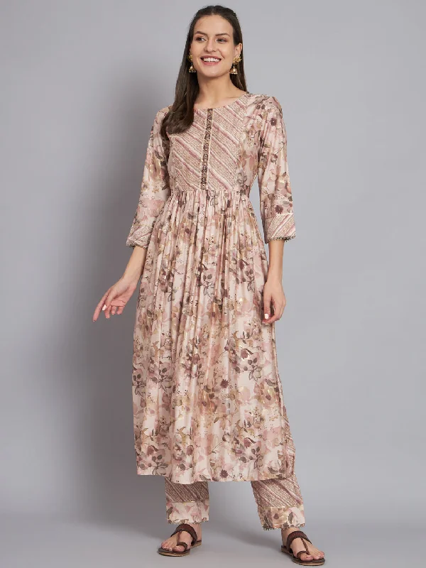 Women's Printed Front Pleated Kurta With Trouser - Mesmora Fashion Trousers Exclusive Limited