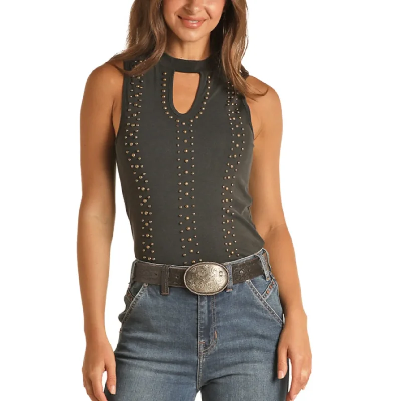 Rock & Roll Denim® Ladies Black Ribbed Studded Tank Top RRWT20R0Z9-01 slim fit tank