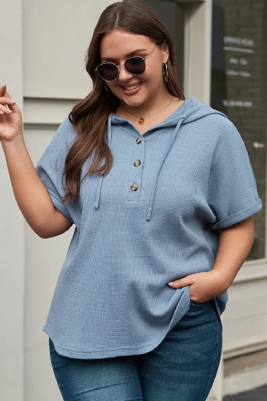 Ashleigh Blue Plus Size Waffle Knit Short Sleeve Drawstring Hoodie Hoodie with Neon Bright Vibrant Ashleigh Blue Plus Size Waffle Knit Short Sleeve Drawstring Hoodie Hoodie with Neon Bright Vibrant