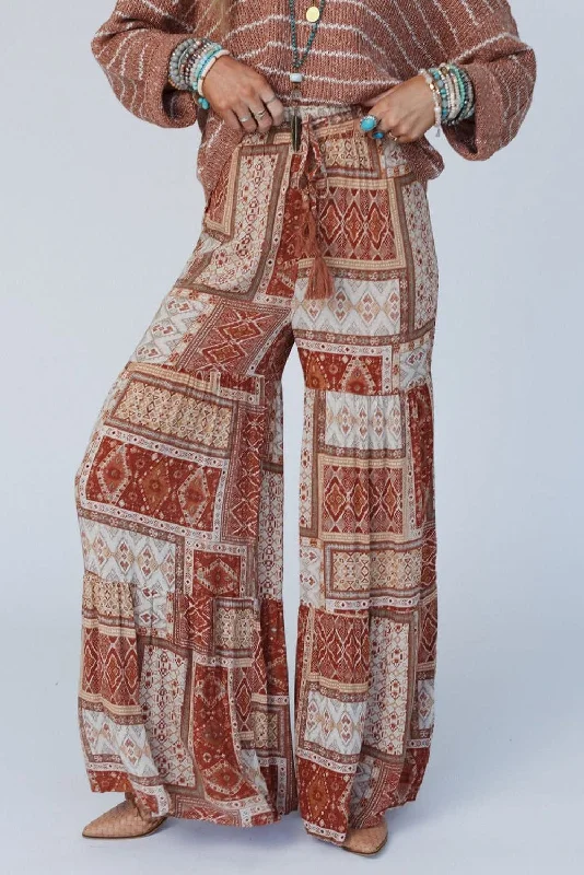 Bohemian Brown Aztec Print Tiered Palazzo Trousers Trousers Denim Blue