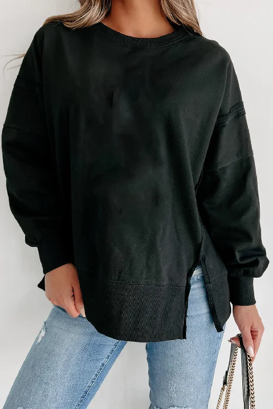 Black Exposed Seam Drop Shoulder Round Neck Sweatshirt with Slits Hoodie with Lining Warm Insulated