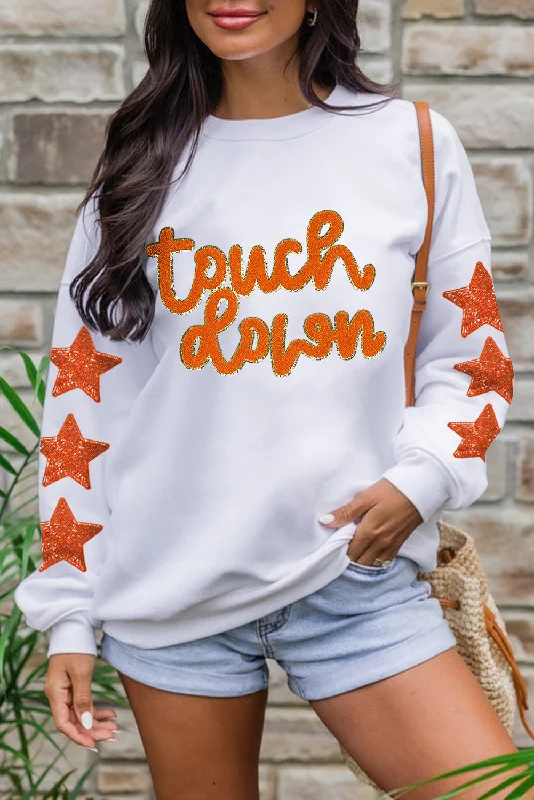 Beige Glittering Touch Down Patched Pattern Star Sleeve Sweatshirt Hoodie with Toggle Buttons Decorative Unique