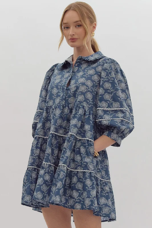 Collared Floral Pocket Dress- Blue Tunics Running lightweight