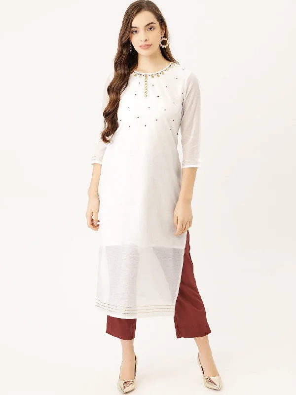 Women's White Chanderi Kurta With Trouser - Maaesa Trousers Vintage Classic