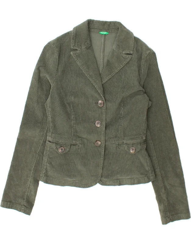 BENETTON Womens Corduroy 3 Button Blazer Jacket IT 40 Small Green Cotton Bomber Jacket Anorak Windbreaker