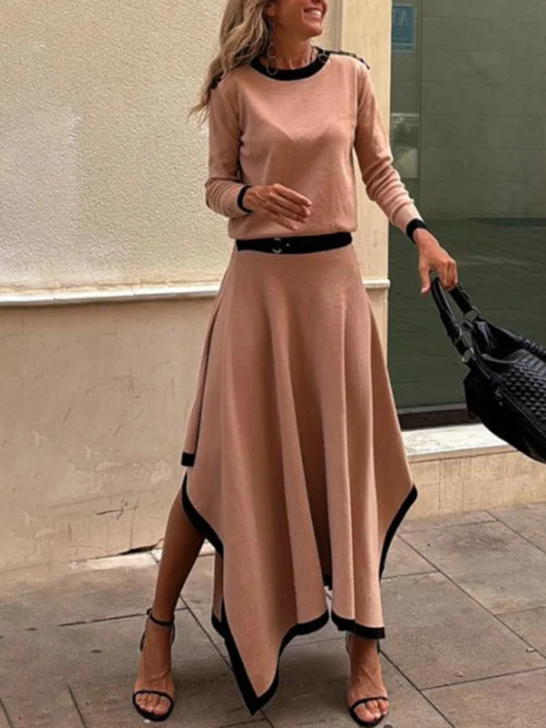 Long-sleeved irregular solid color skirt two-piece set lace skirt romantic
