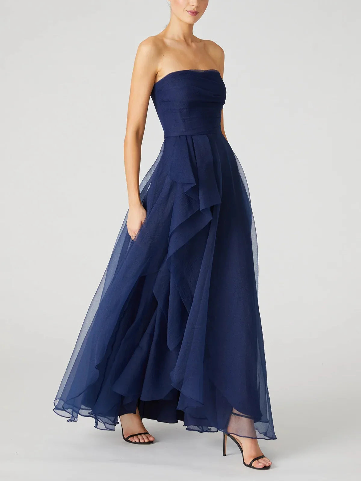 A-line/Princess strapless sleeveless ruffled edge and ankle evening dress Tunics Luxurious premium