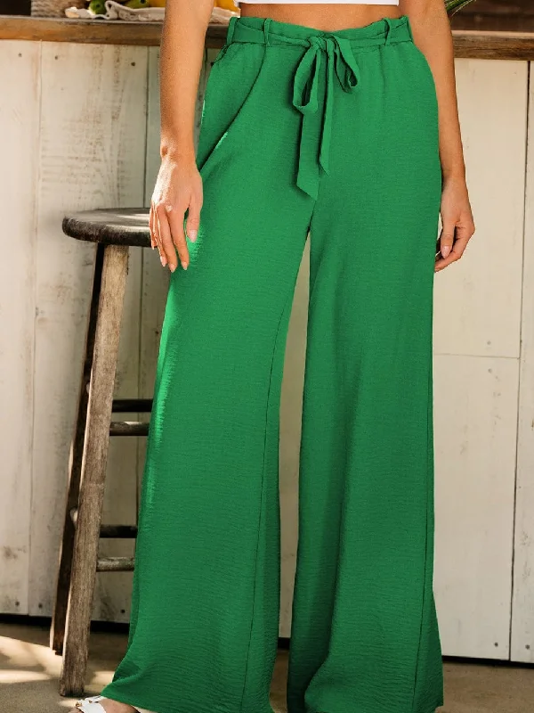 Vibrant Green Loop-Belted High-Waisted Wide Leg Trousers Trousers Top Rated