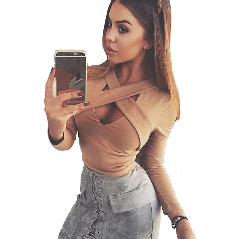 Khaki White Black Long Sleeve Criss Cross Short Women Skinny Elastic Party Club Crop Tops Embroidered Appliqued Beaded Khaki White Black Long Sleeve Criss Cross Short Women Skinny Elastic Party Club Crop Tops Embroidered Appliqued Beaded