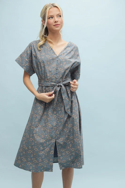 Floral Belted Dress- Teal/Mocha Tunics Winter warm