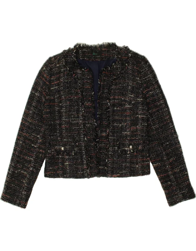 BENETTON Womens Blazer Jacket UK 14 Medium Black Flecked Polyester Faux Fur Fabric Real Fur Fabric Shearling Fabric BENETTON Womens Blazer Jacket UK 14 Medium Black Flecked Polyester Faux Fur Fabric Real Fur Fabric Shearling Fabric