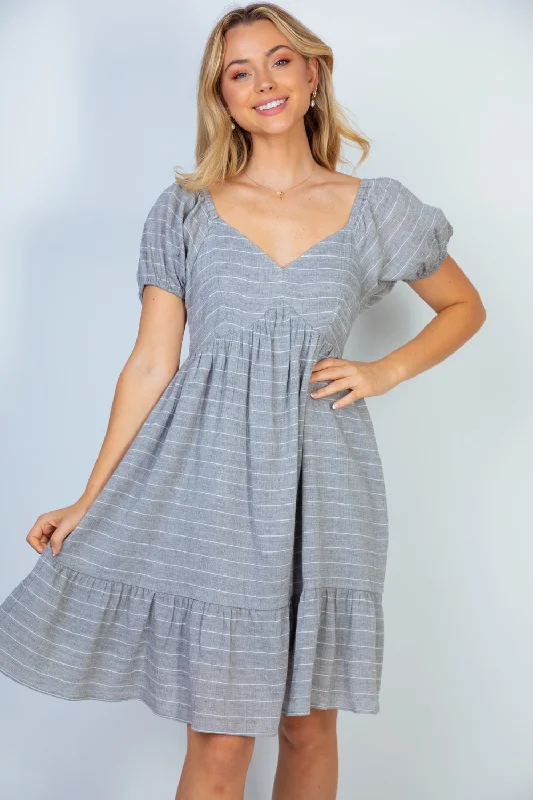 Puff Sleeve Dress - striped (grey) Tunics Office stylish