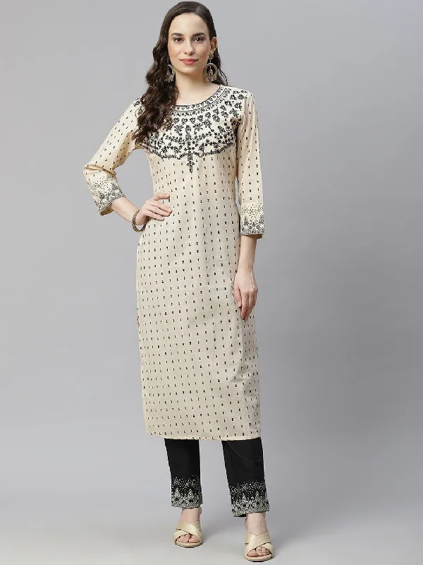 Women's Ethnic Motifs Printed Thread Work Pure Cotton Kurta With Trousers Dupatta - Hatheli Trousers Spring Floral Women's Ethnic Motifs Printed Thread Work Pure Cotton Kurta With Trousers Dupatta - Hatheli Trousers Spring Floral