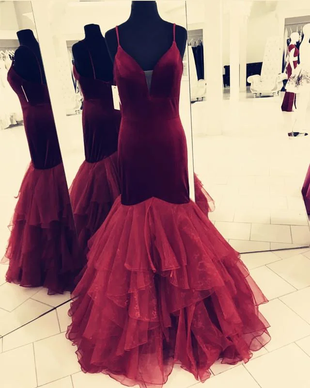 Spaghetti Straps V-neck Velvet Prom Dresses Mermaid Evening Gowns Tunics Exclusive limited